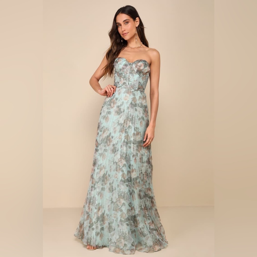 Lulus Most Beautiful Day Sage Multi Floral Print Organza Maxi Dress Size Large